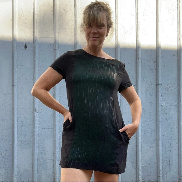rag & bone Green &  Black Silk Metallic Shift Dress, size 10 - Picture 3 of 15